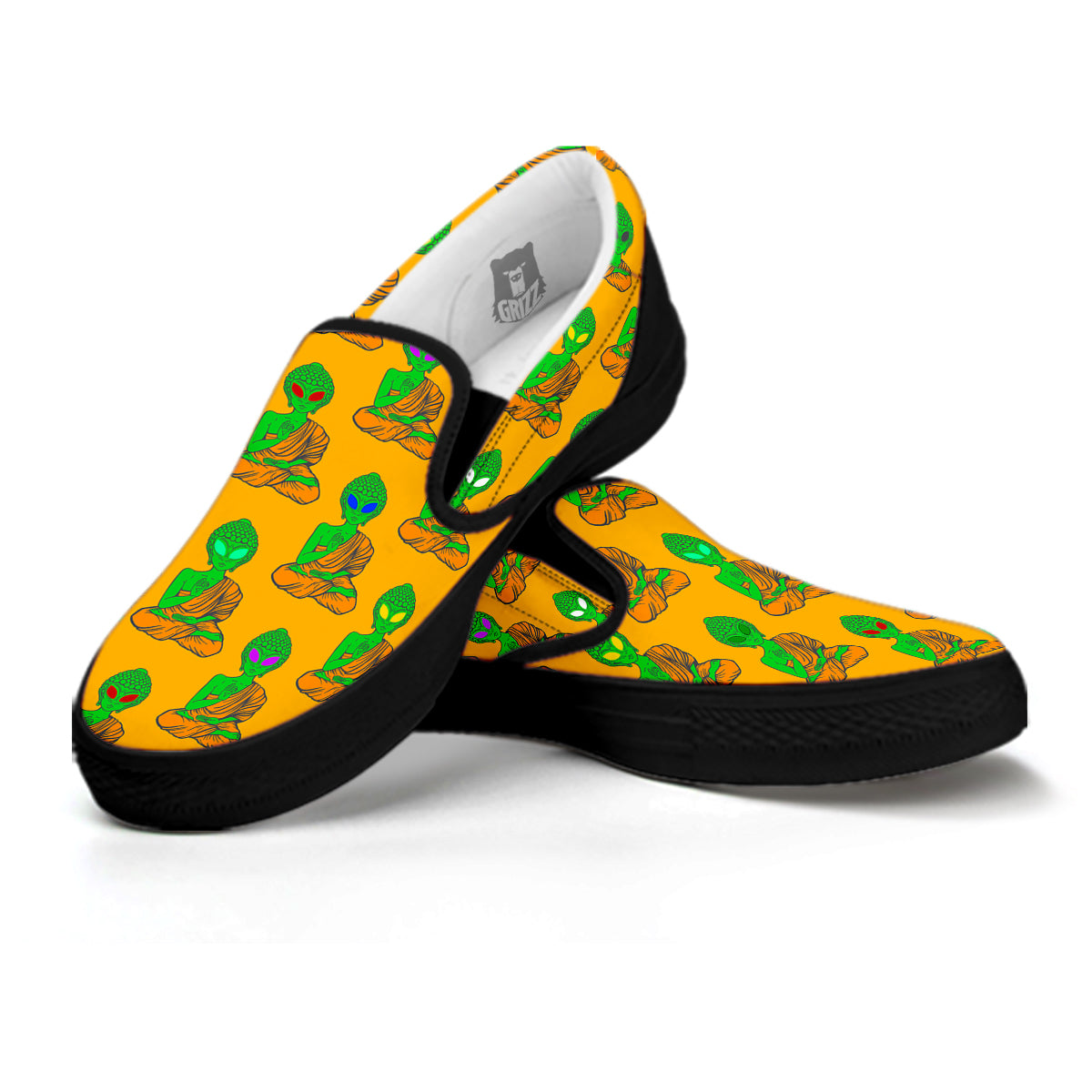 Buddha Alien Psychedelic Print Pattern Black Slip On Shoes-grizzshop