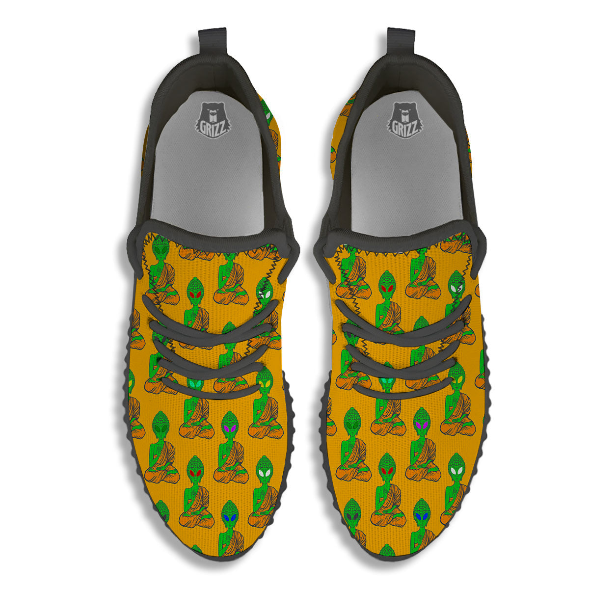 Buddha Alien Psychedelic Print Pattern Black Walking Shoes-grizzshop