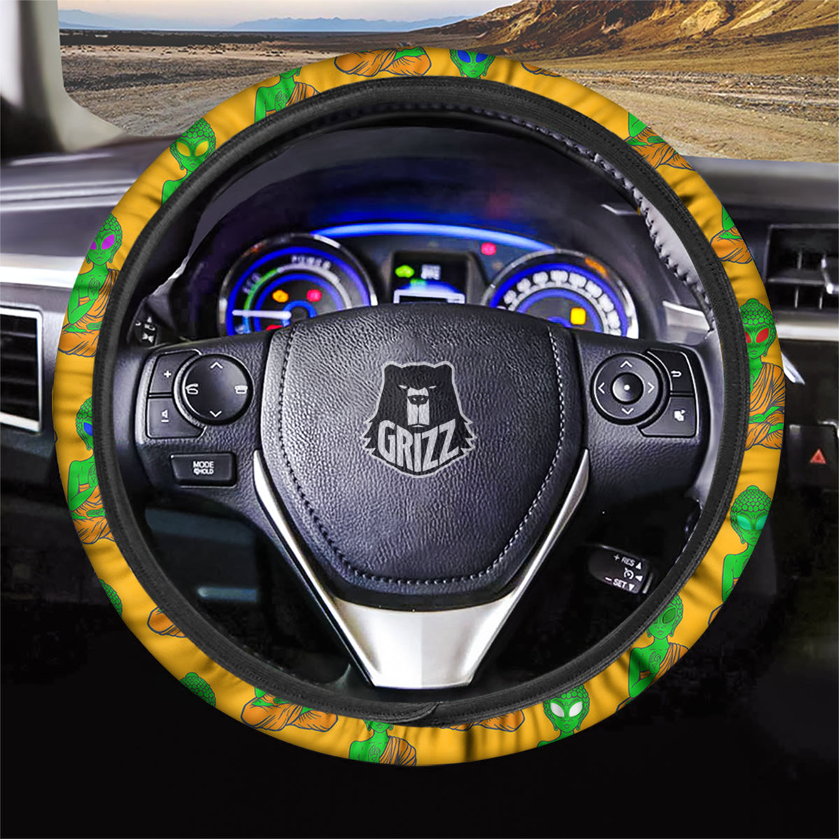 Buddha Alien Psychedelic Print Pattern Car Steering Wheel Cover-grizzshop
