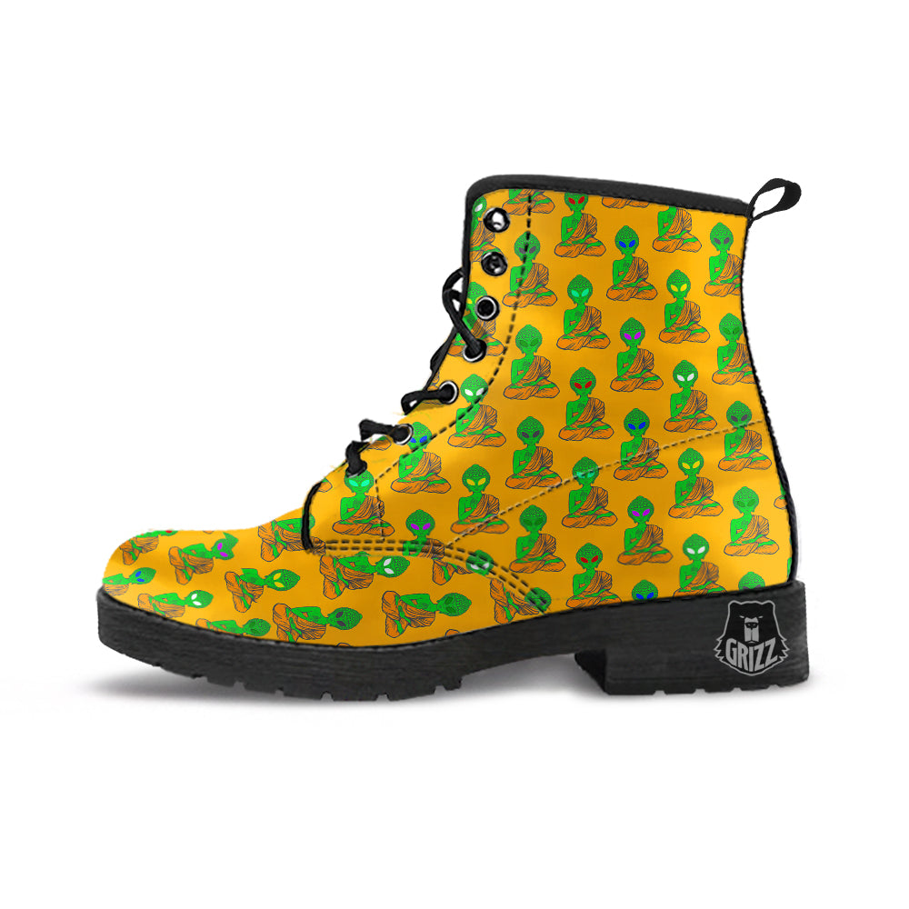 Buddha Alien Psychedelic Print Pattern Leather Boots-grizzshop