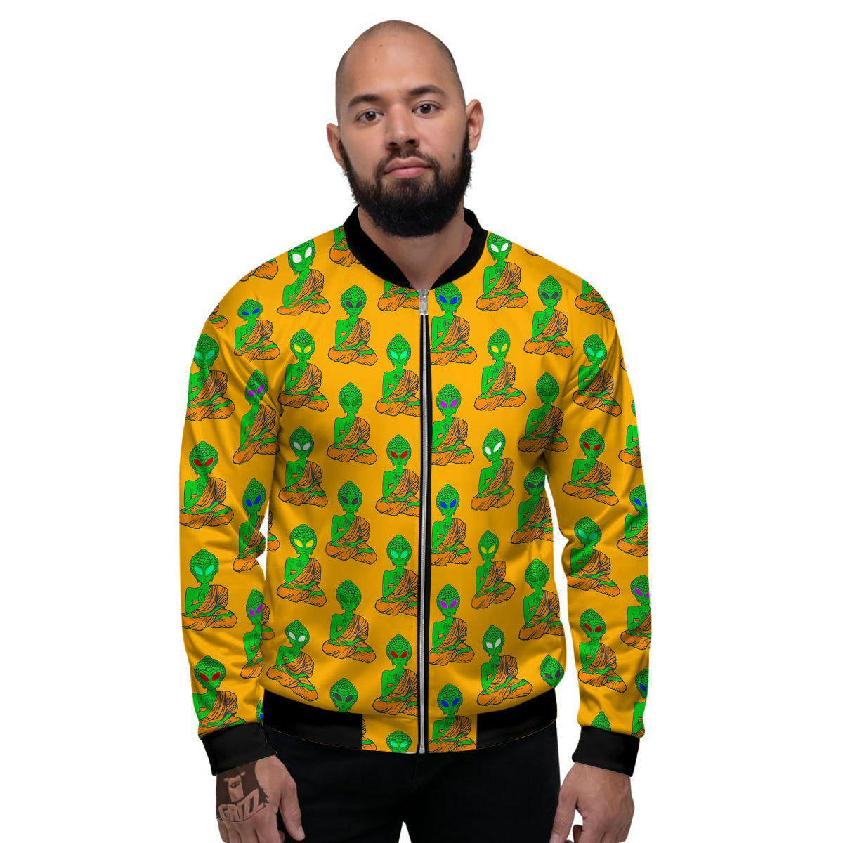 Buddha Alien Psychedelic Print Pattern Men's Bomber Jacket-grizzshop