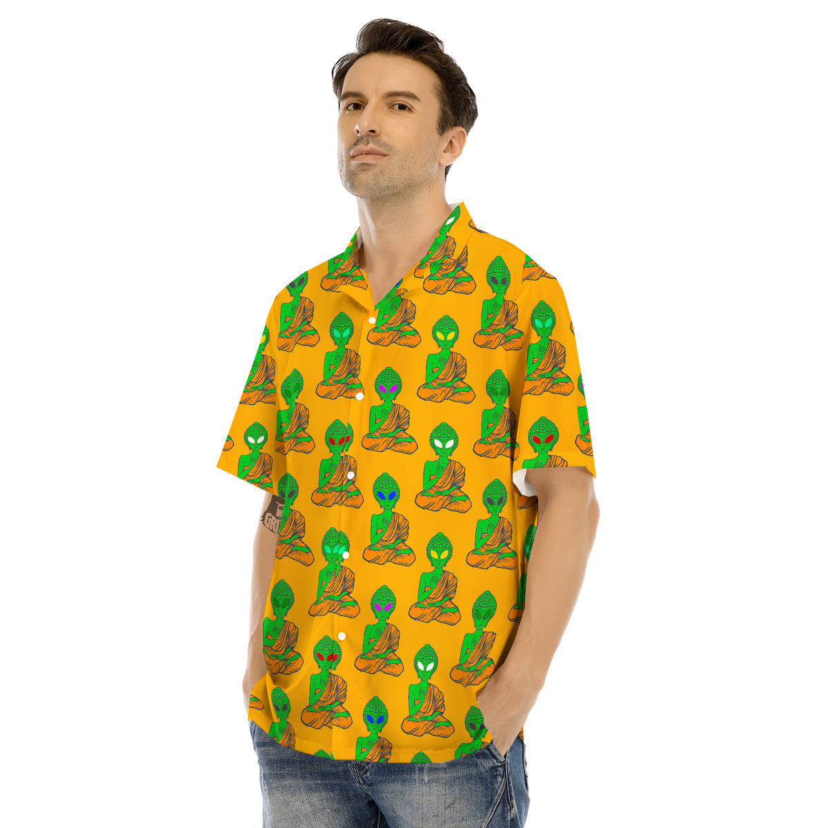 Buddha Alien Psychedelic Print Pattern Men's Hawaiian Shirt-grizzshop