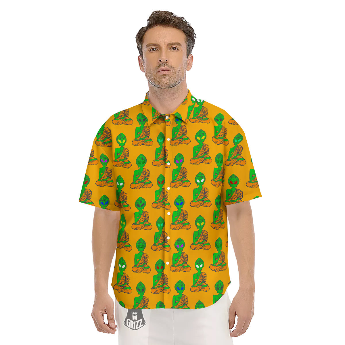 Buddha Alien Psychedelic Print Pattern Men's Short Sleeve Shirts-grizzshop