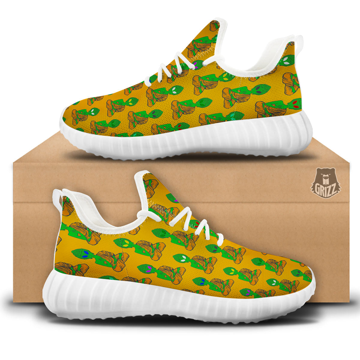 Buddha Alien Psychedelic Print Pattern White Walking Shoes-grizzshop