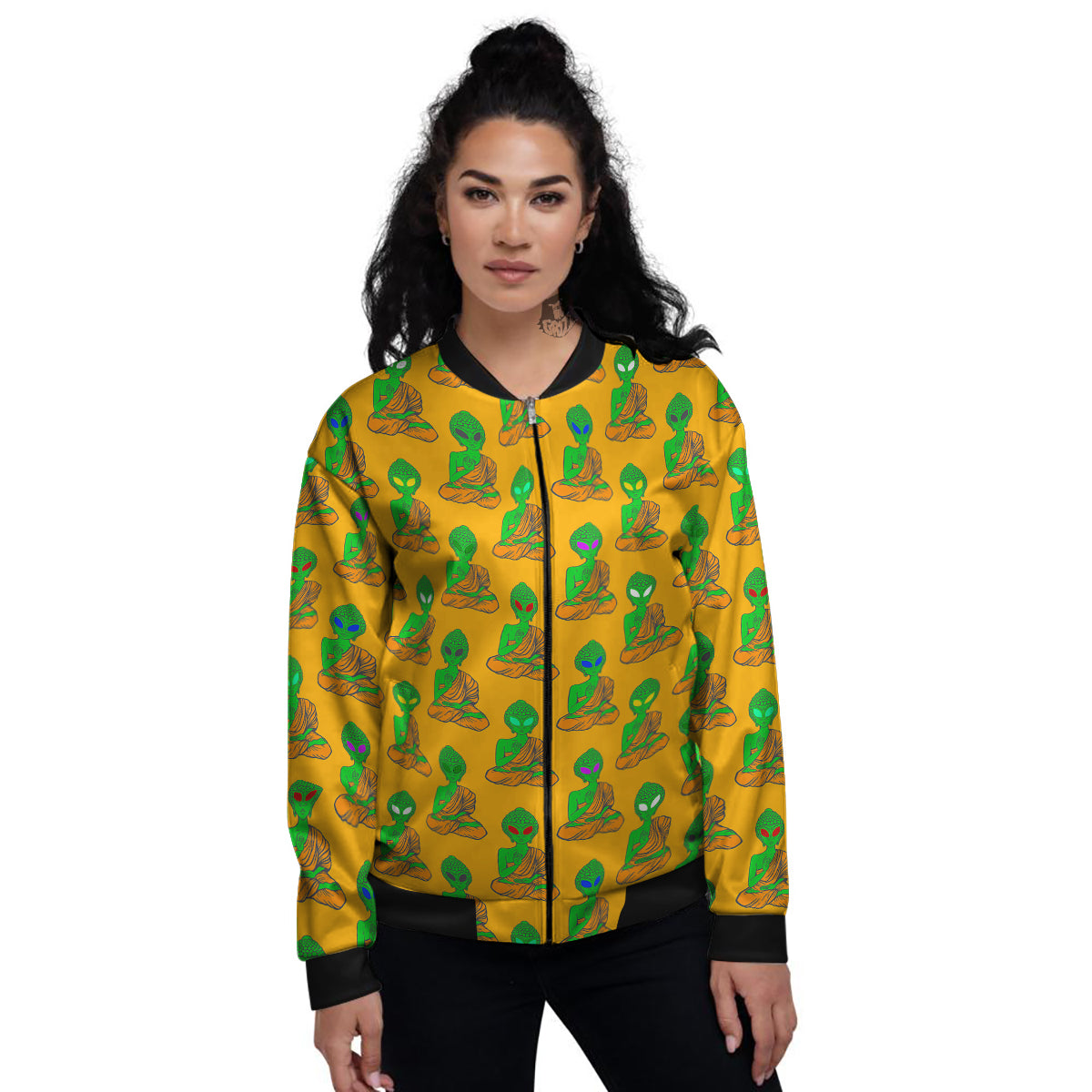 Buddha Alien Psychedelic Print Pattern Women's Bomber Jacket-grizzshop