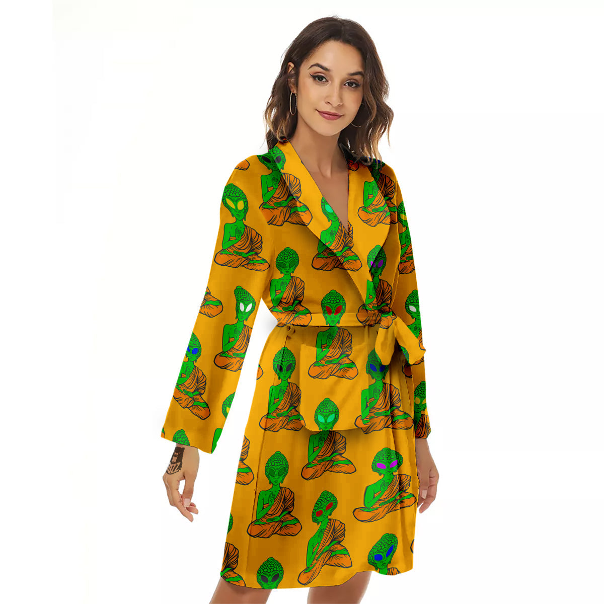 Buddha Alien Psychedelic Print Pattern Women's Robe-grizzshop