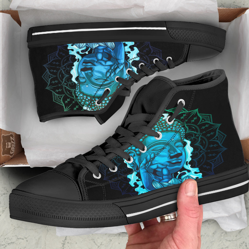 Buddha Blue Print Black High Top Shoes-grizzshop