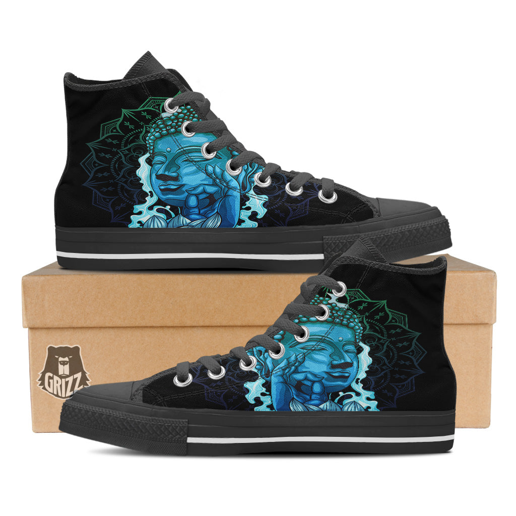 Buddha Blue Print Black High Top Shoes-grizzshop
