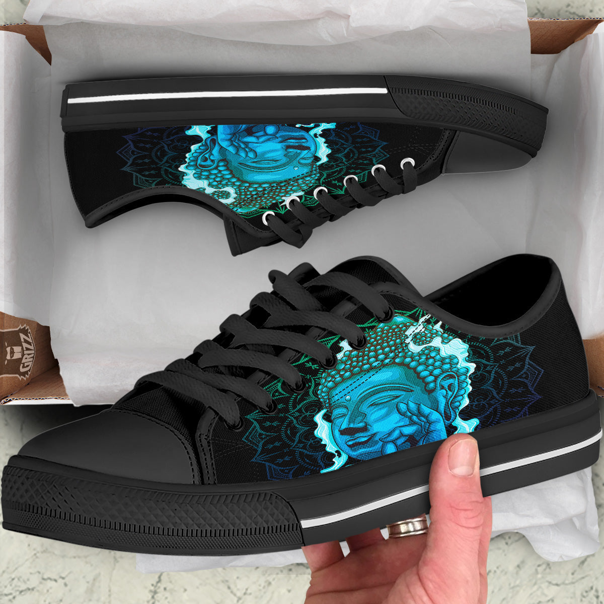 Buddha Blue Print Black Low Top Shoes-grizzshop