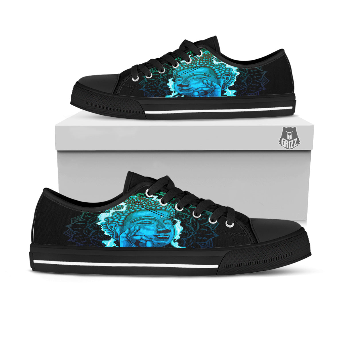 Buddha Blue Print Black Low Top Shoes-grizzshop