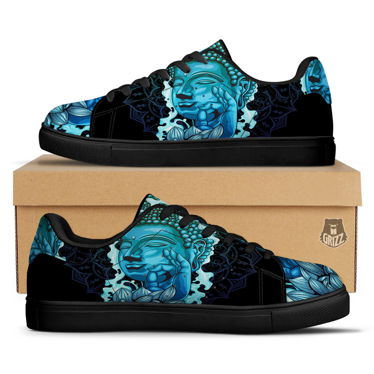Buddha Blue Print Black Low Top Sneakers-grizzshop