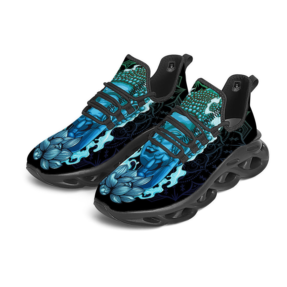 Buddha Blue Print Black Running Shoes-grizzshop