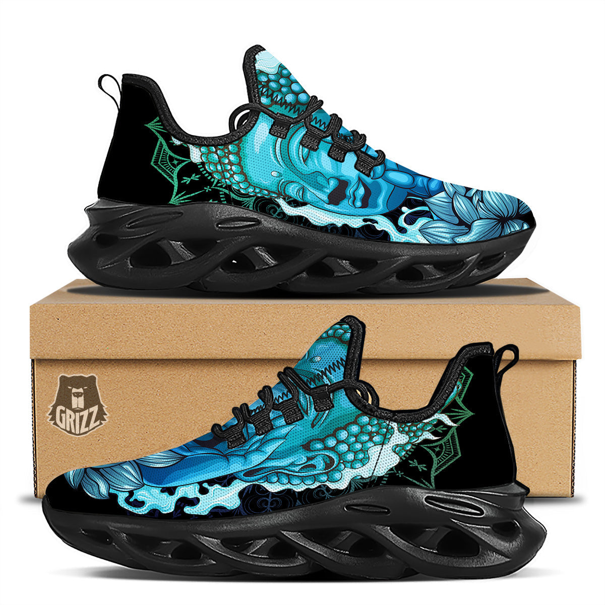 Buddha Blue Print Black Running Shoes-grizzshop