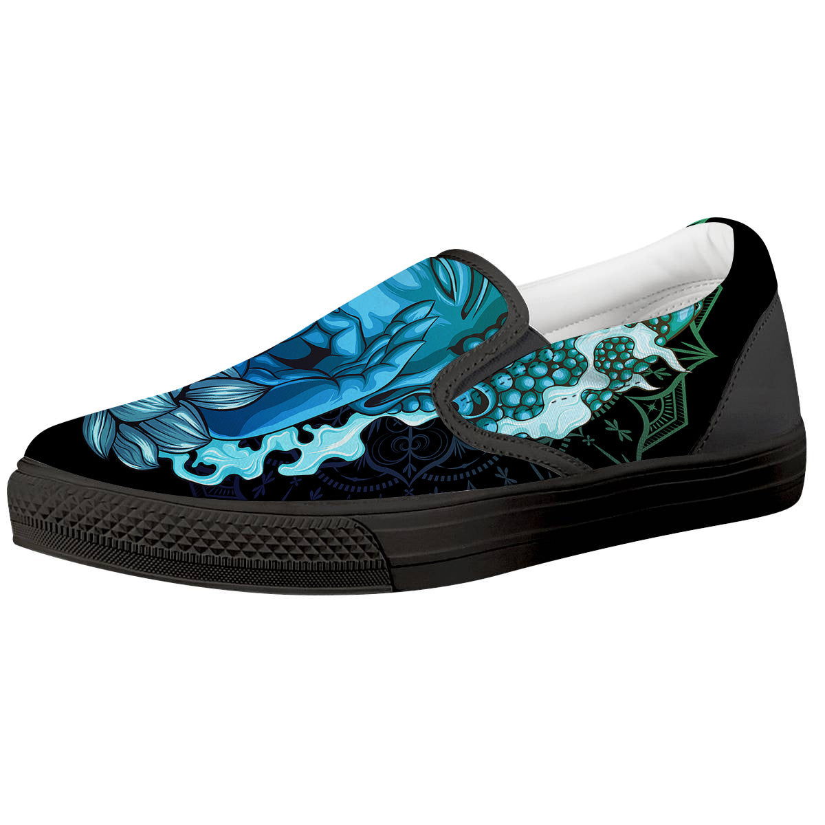 Buddha Blue Print Black Slip On Shoes-grizzshop