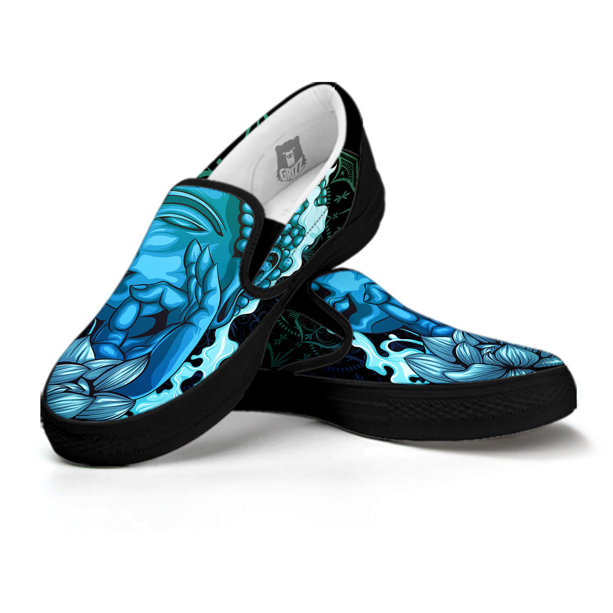 Buddha Blue Print Black Slip On Shoes-grizzshop