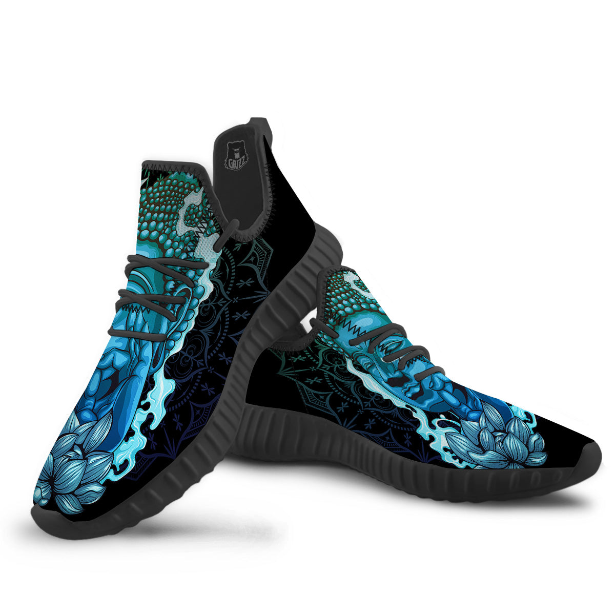 Buddha Blue Print Black Walking Shoes-grizzshop