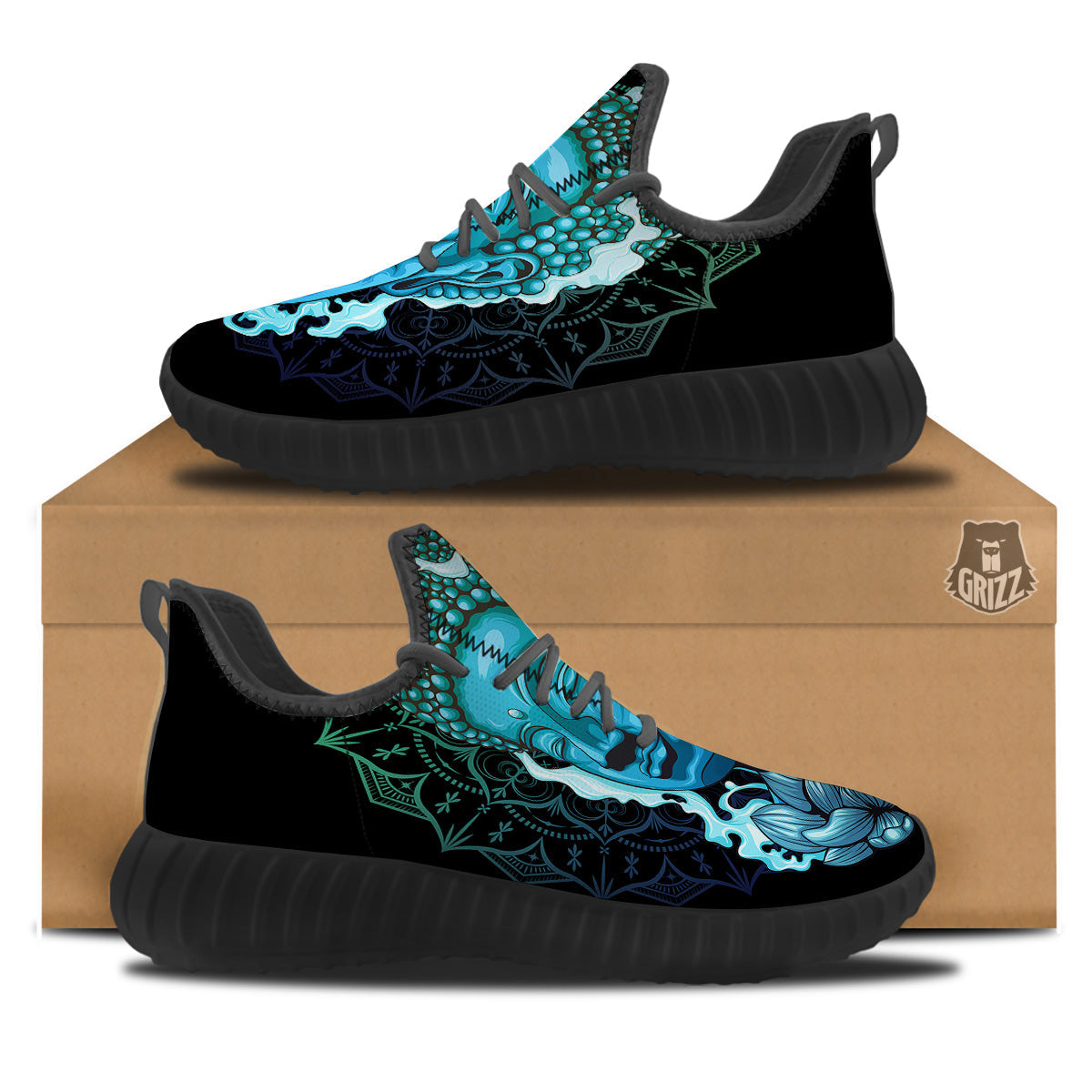 Buddha Blue Print Black Walking Shoes-grizzshop