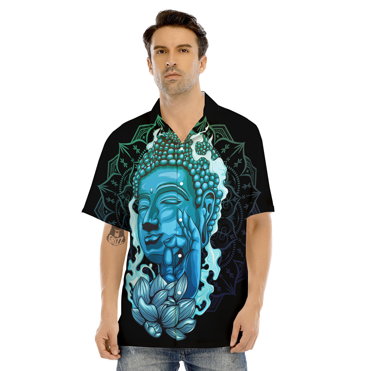 Buddha Blue Print Men's Hawaiian Shirt-grizzshop