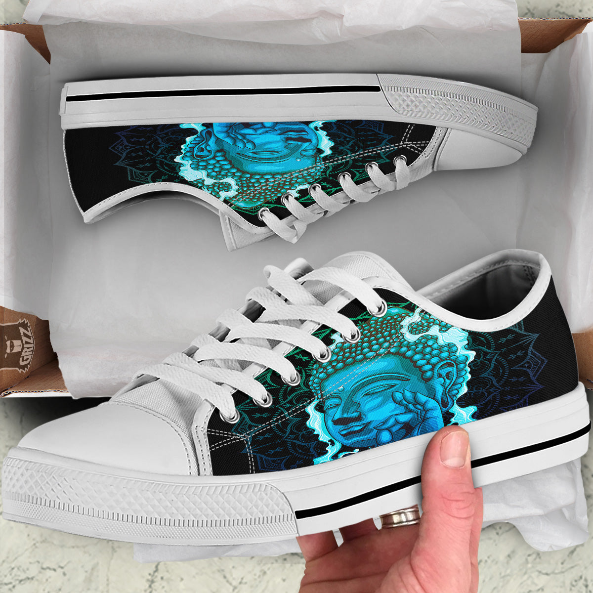 Buddha Blue Print White Low Top Shoes-grizzshop
