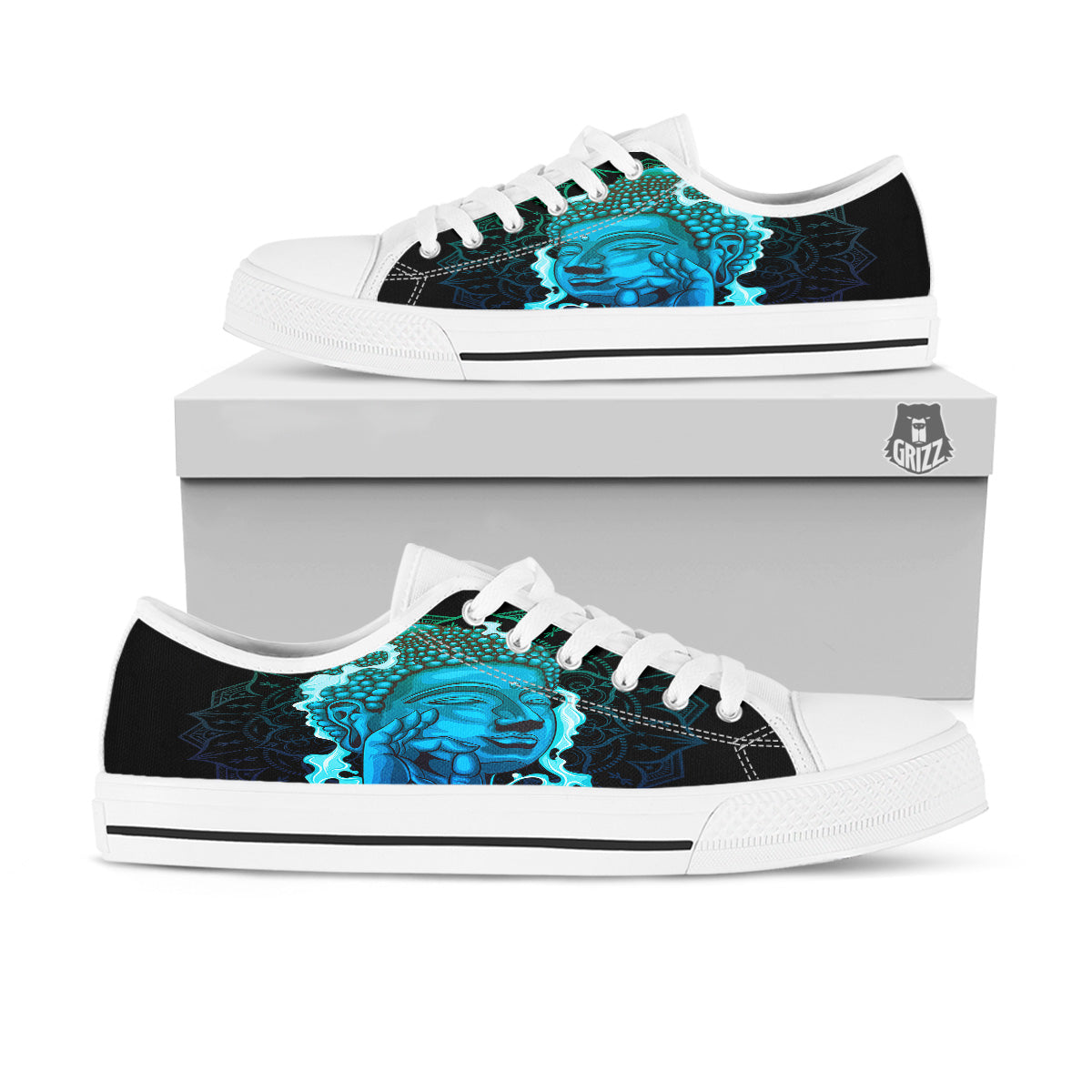 Buddha Blue Print White Low Top Shoes-grizzshop