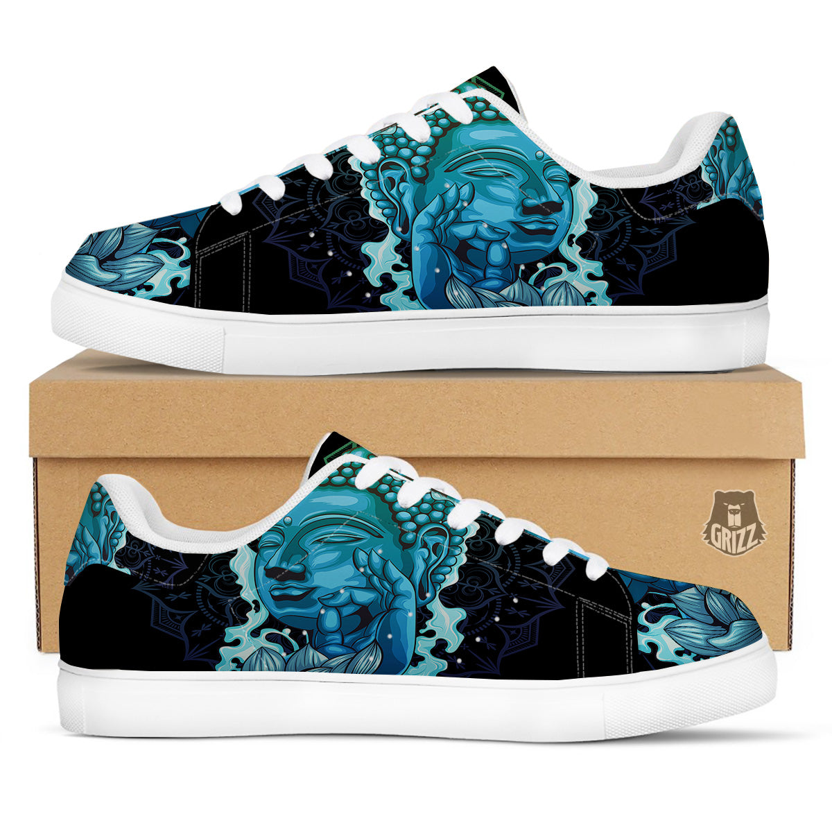Buddha Blue Print White Low Top Sneakers-grizzshop