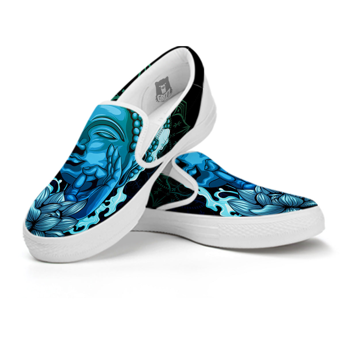 Buddha Blue Print White Slip On Shoes-grizzshop