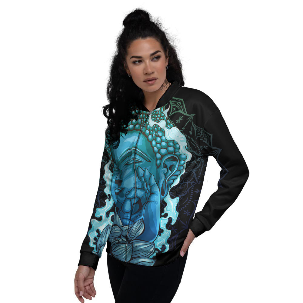 Buddha Blue Print Women's Bomber Jacket-grizzshop