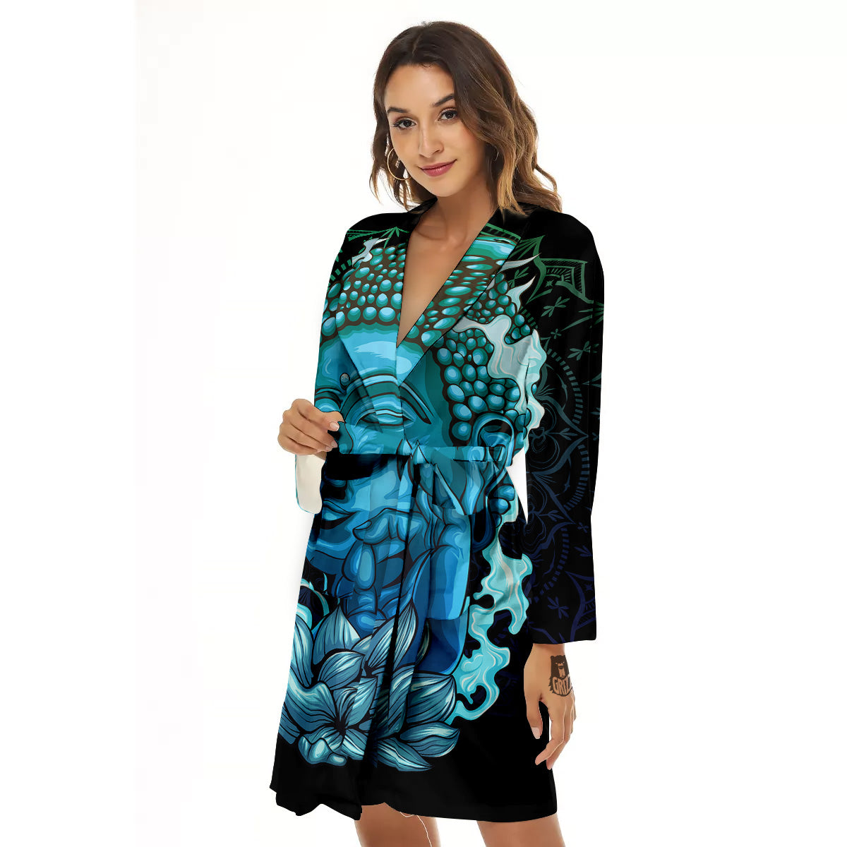 Buddha Blue Print Women's Robe-grizzshop