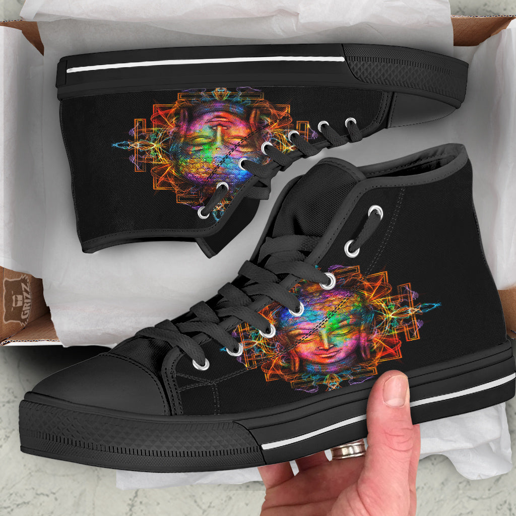 Buddha Colorful Print Black High Top Shoes-grizzshop