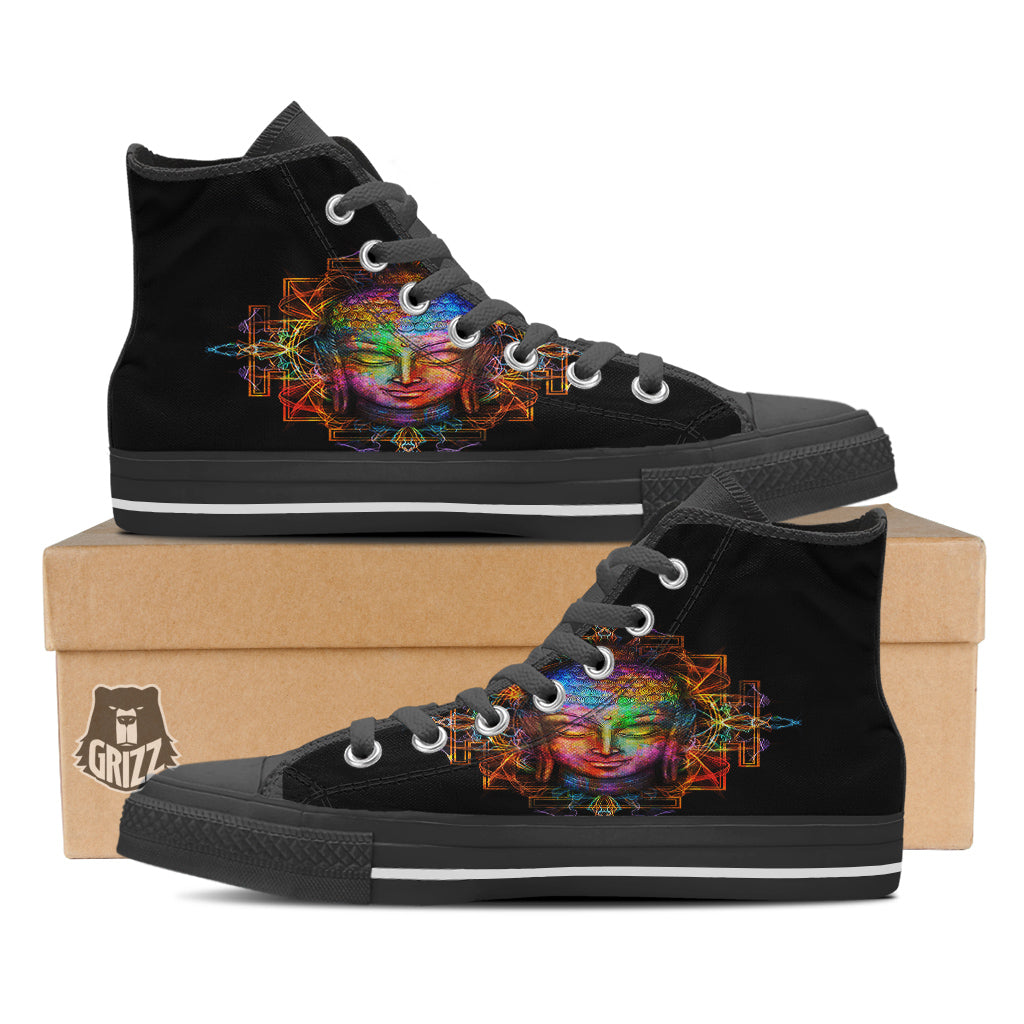 Buddha Colorful Print Black High Top Shoes-grizzshop