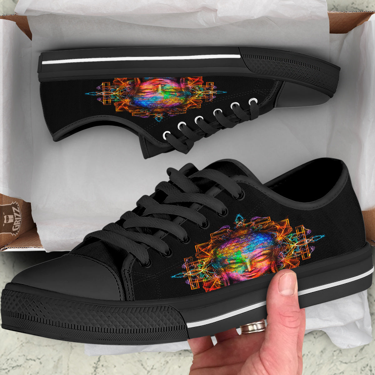 Buddha Colorful Print Black Low Top Shoes-grizzshop