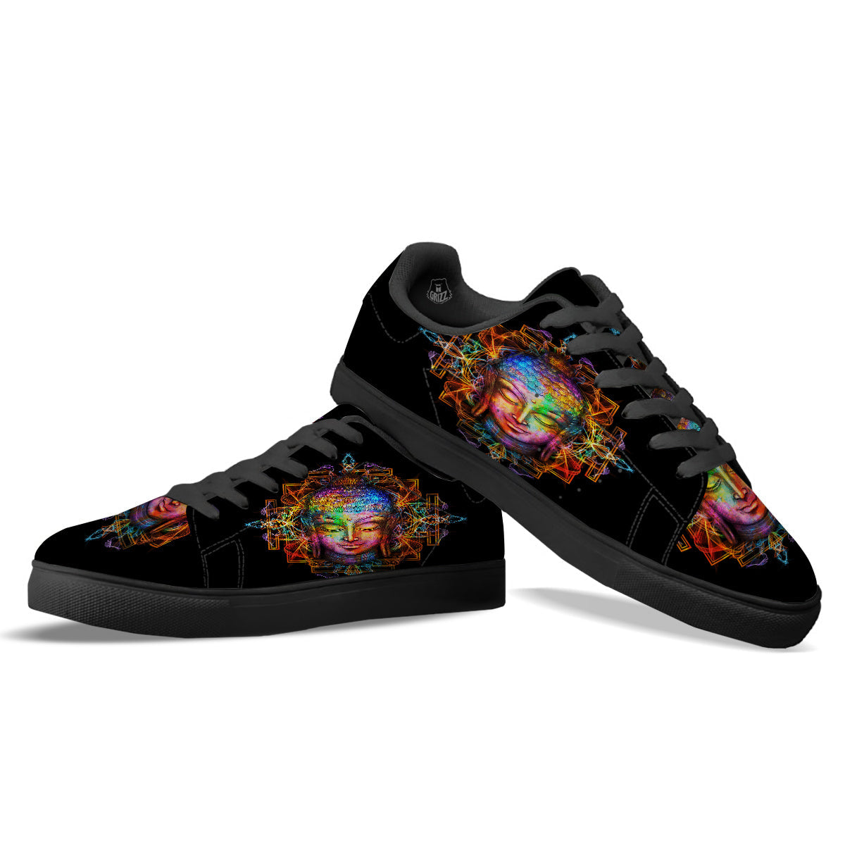 Buddha Colorful Print Black Low Top Sneakers-grizzshop