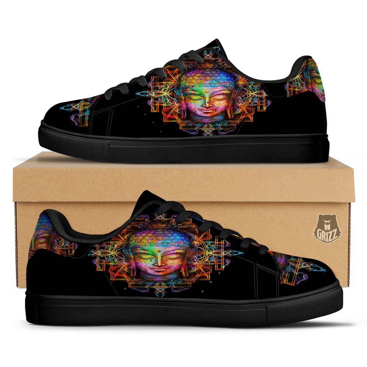 Buddha Colorful Print Black Low Top Sneakers-grizzshop