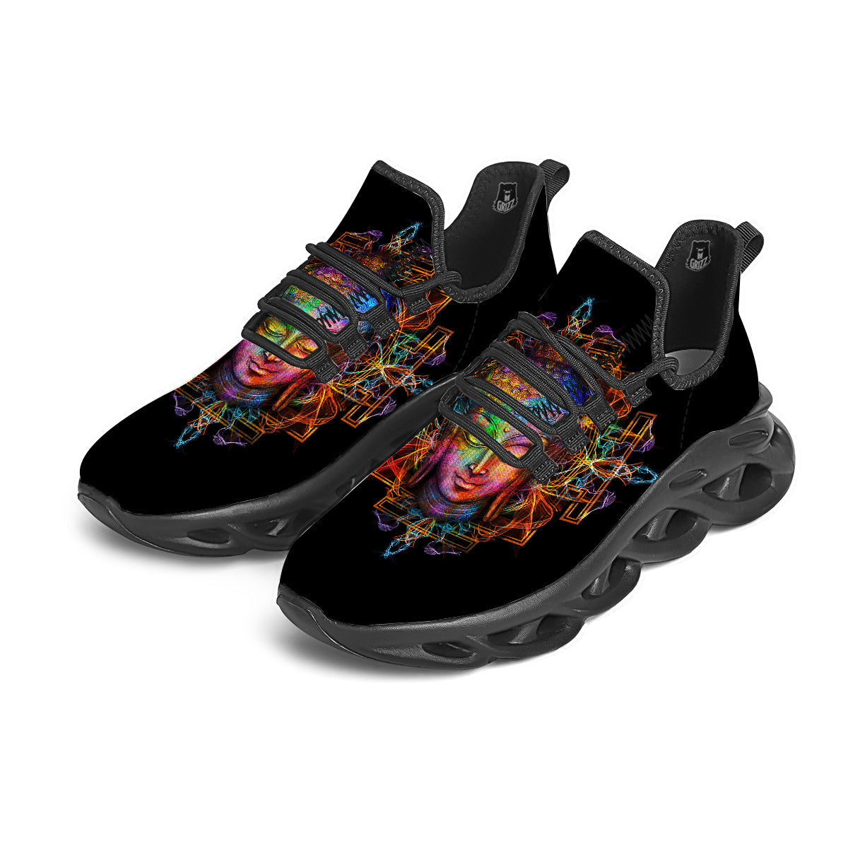 Buddha Colorful Print Black Running Shoes-grizzshop
