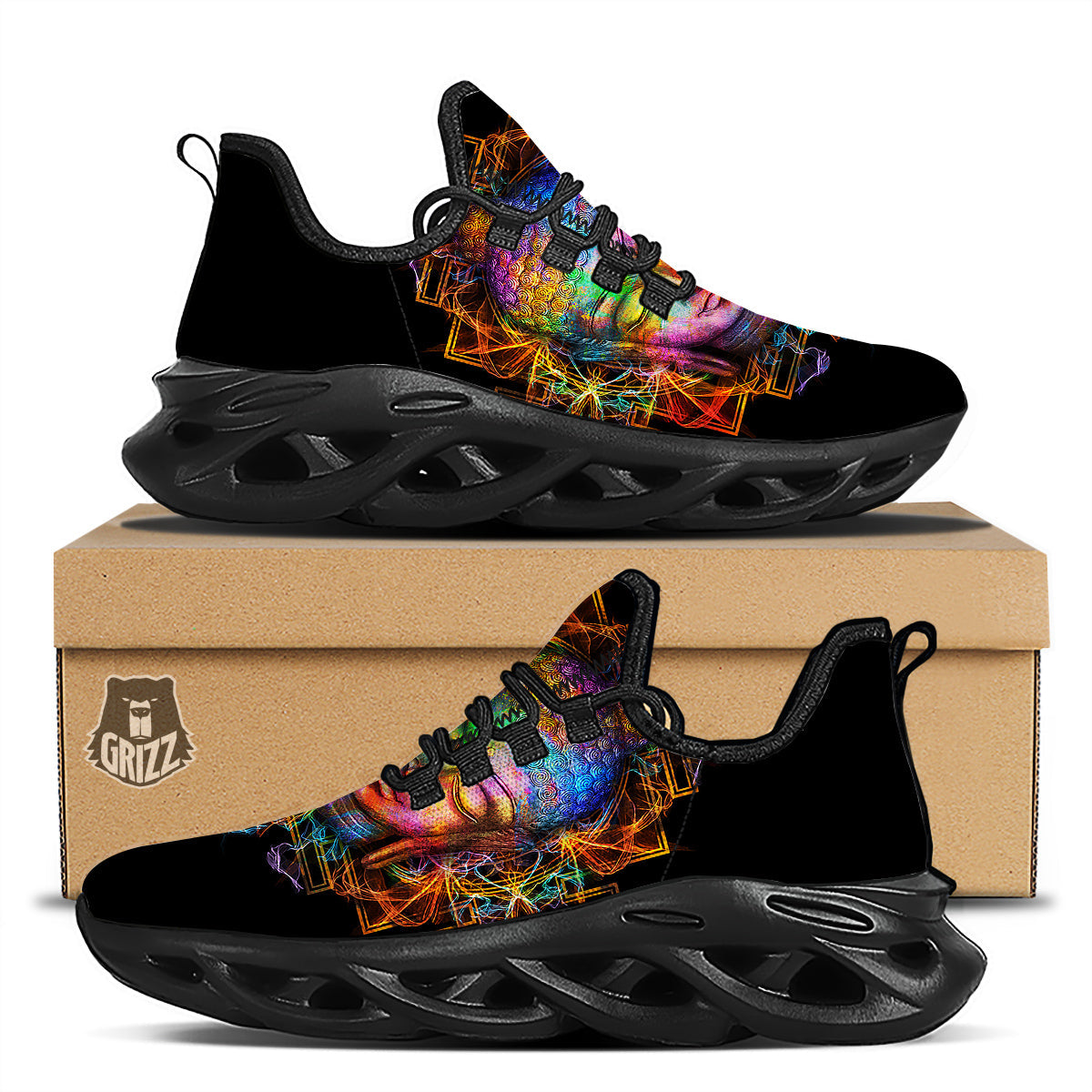 Buddha Colorful Print Black Running Shoes-grizzshop
