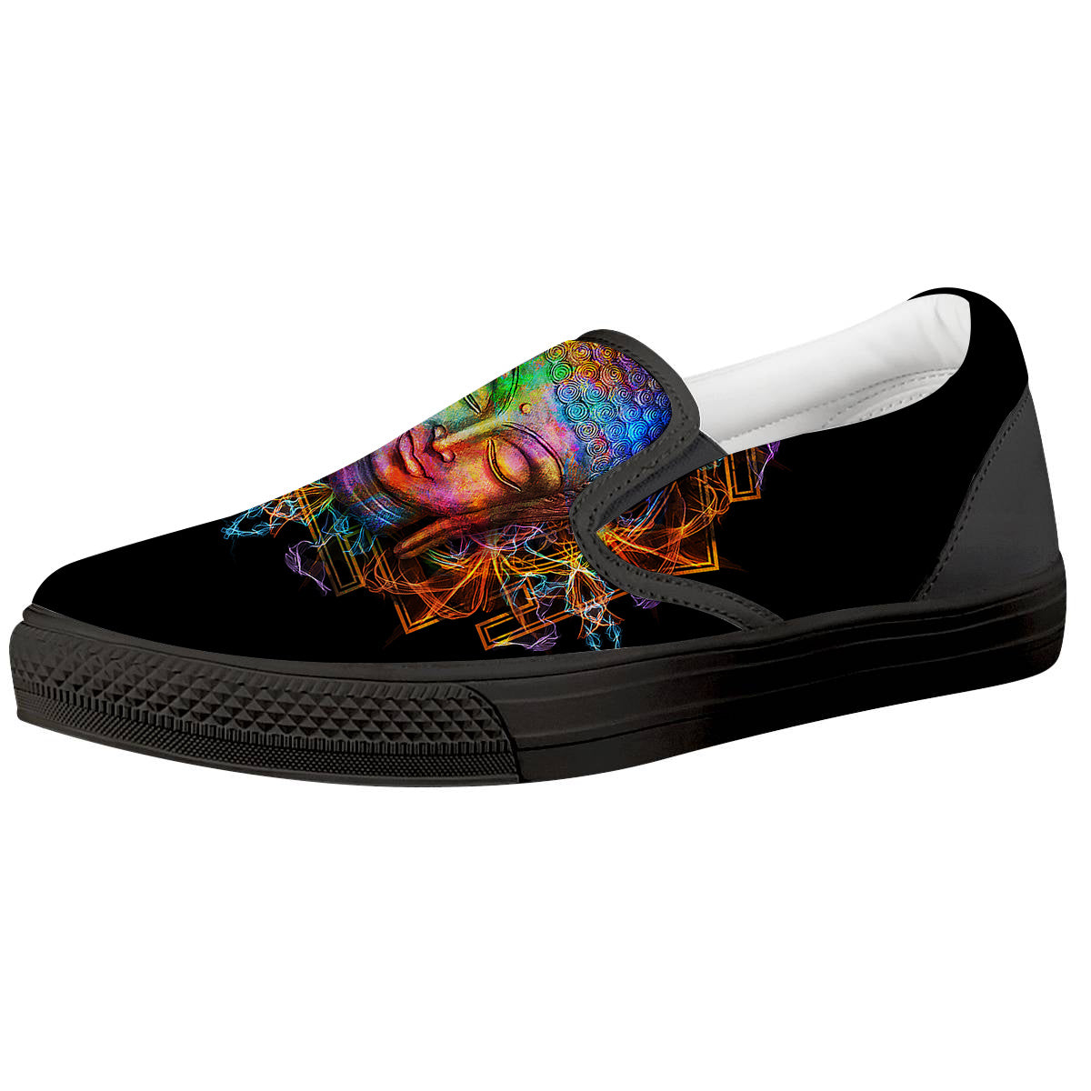 Buddha Colorful Print Black Slip On Shoes-grizzshop