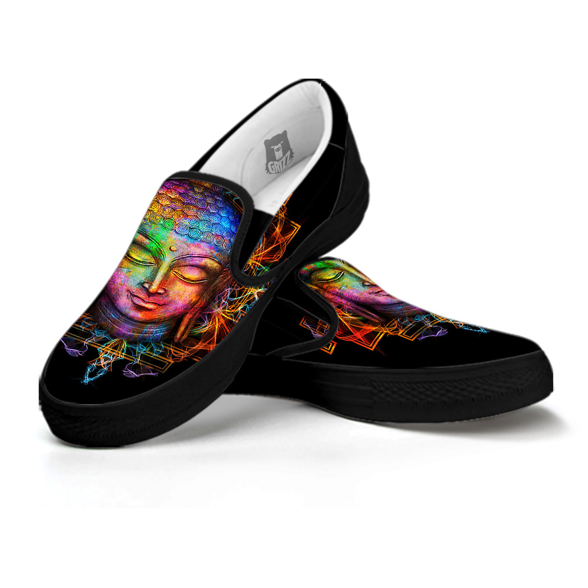 Buddha Colorful Print Black Slip On Shoes-grizzshop