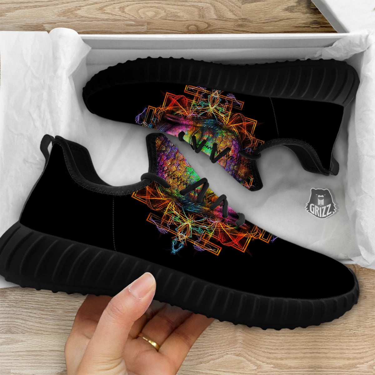 Buddha Colorful Print Black Walking Shoes-grizzshop