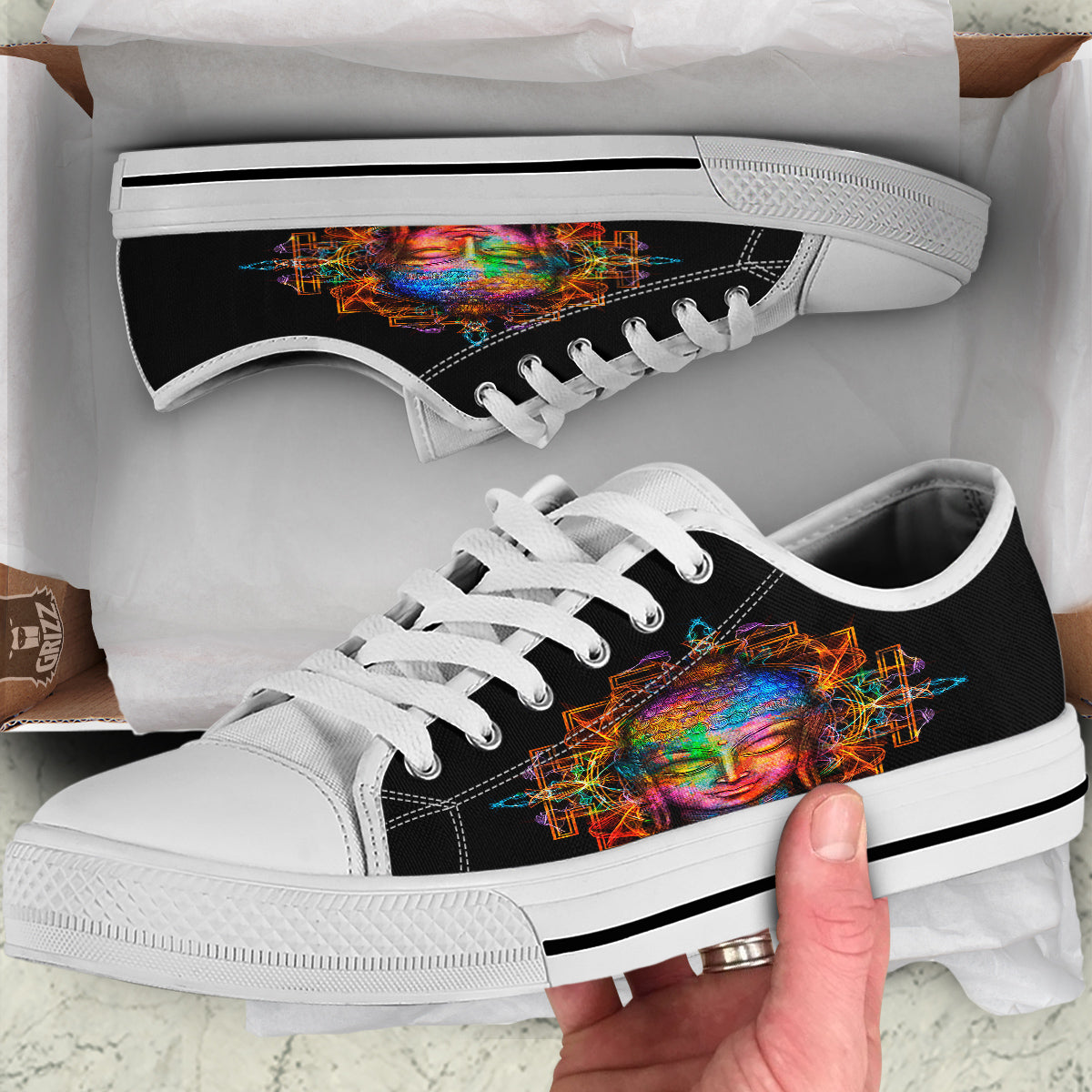 Buddha Colorful Print White Low Top Shoes-grizzshop