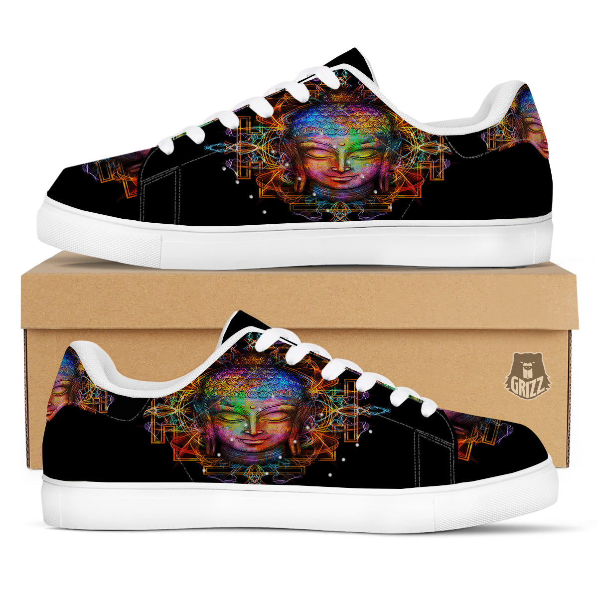 Buddha Colorful Print White Low Top Sneakers-grizzshop