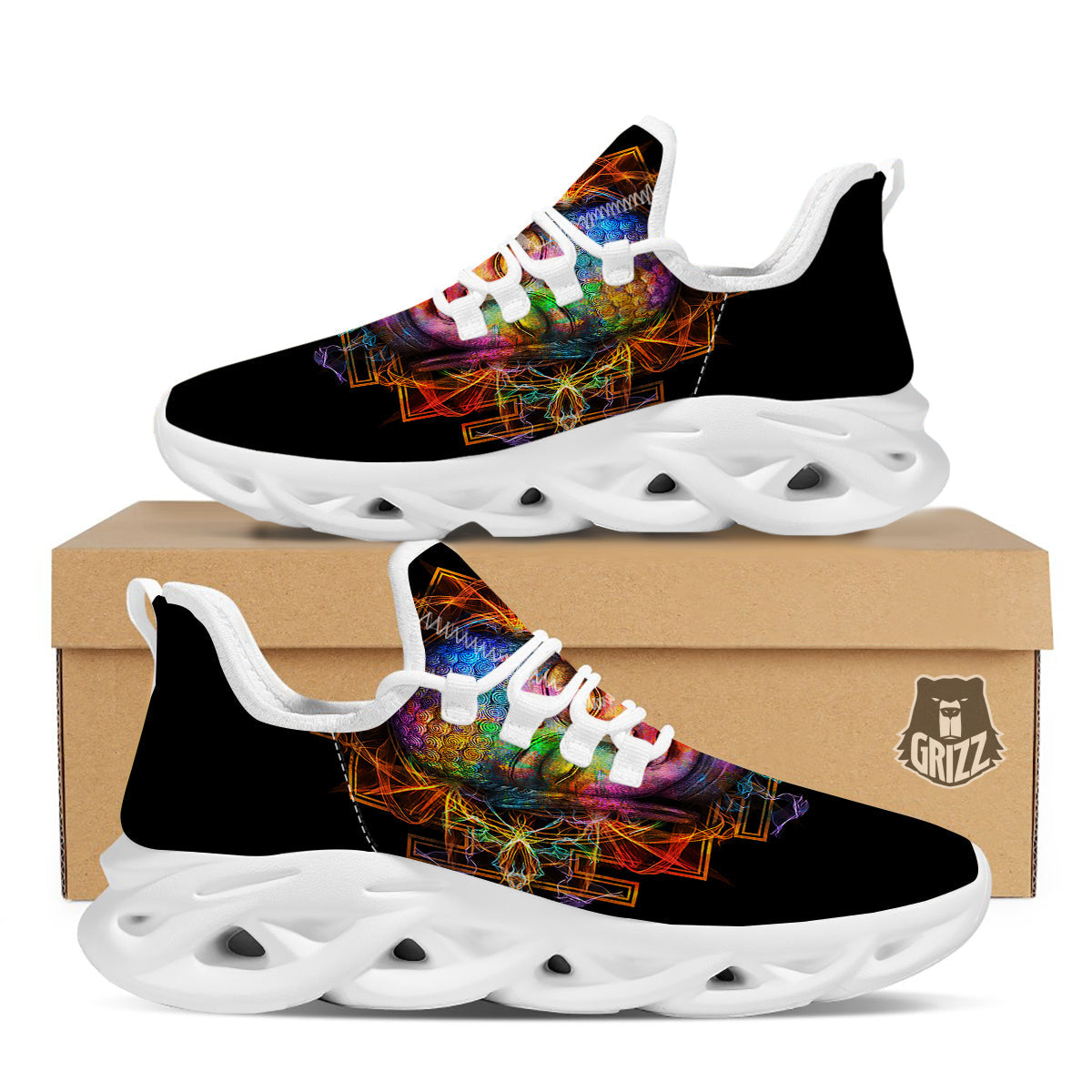 Buddha Colorful Print White Running Shoes-grizzshop