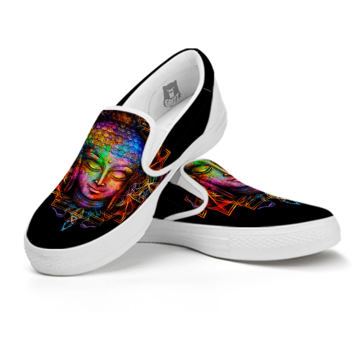 Buddha Colorful Print White Slip On Shoes-grizzshop