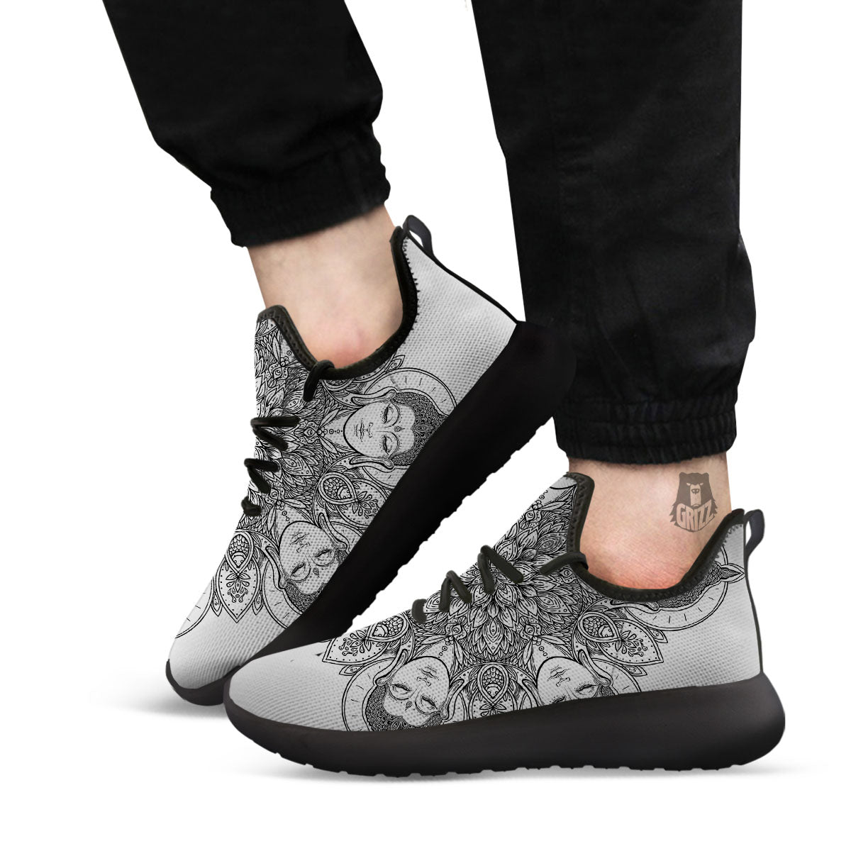Buddha Face Ornate Mandala Print Black Athletic Shoes-grizzshop