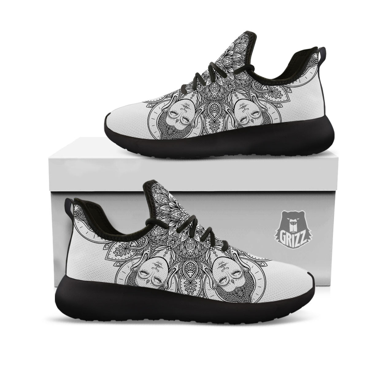 Buddha Face Ornate Mandala Print Black Athletic Shoes-grizzshop