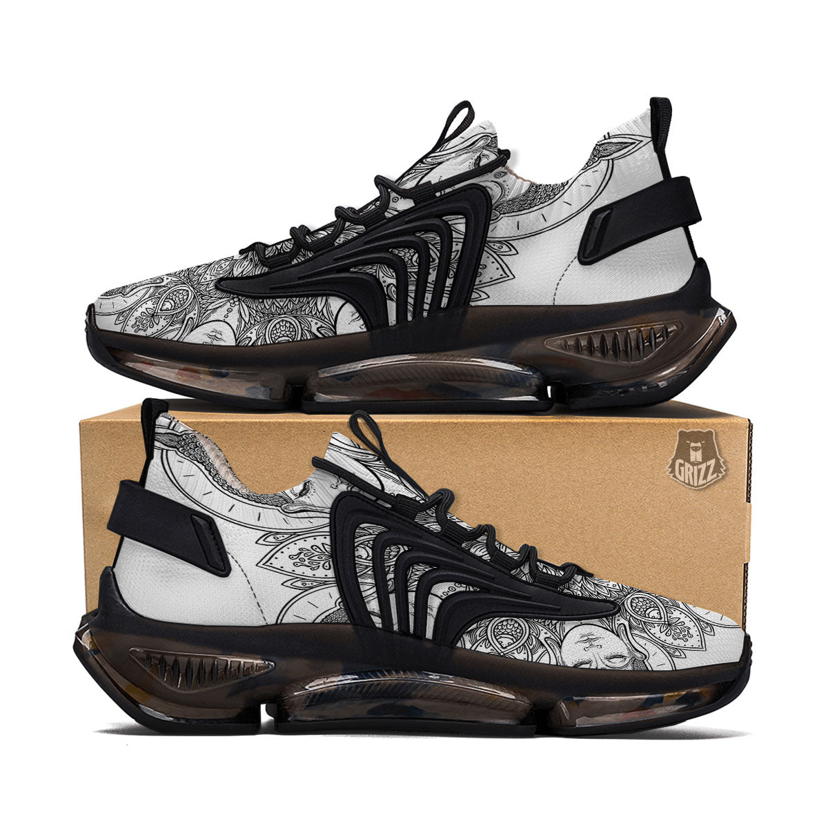 Buddha Face Ornate Mandala Print Black Gym Shoes-grizzshop