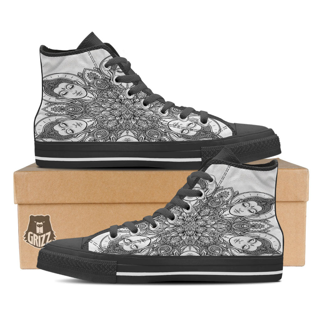Buddha Face Ornate Mandala Print Black High Top Shoes-grizzshop