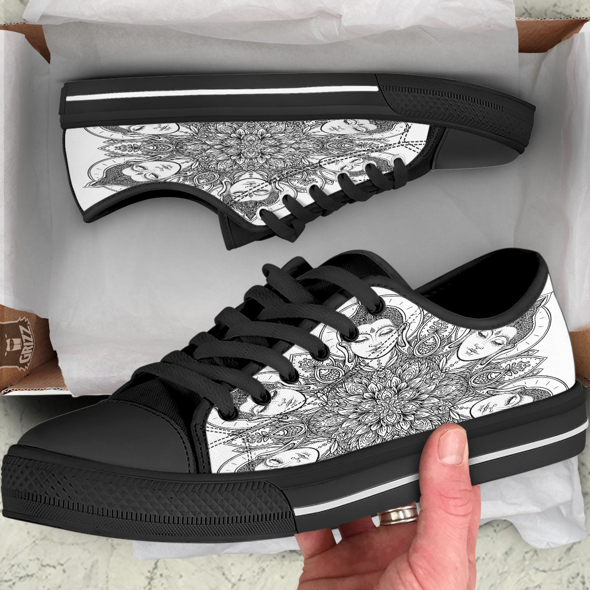 Buddha Face Ornate Mandala Print Black Low Top Shoes-grizzshop