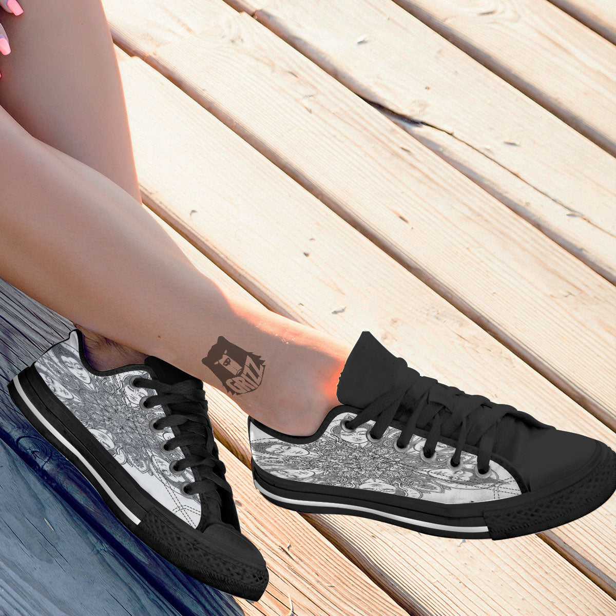 Buddha Face Ornate Mandala Print Black Low Top Shoes-grizzshop