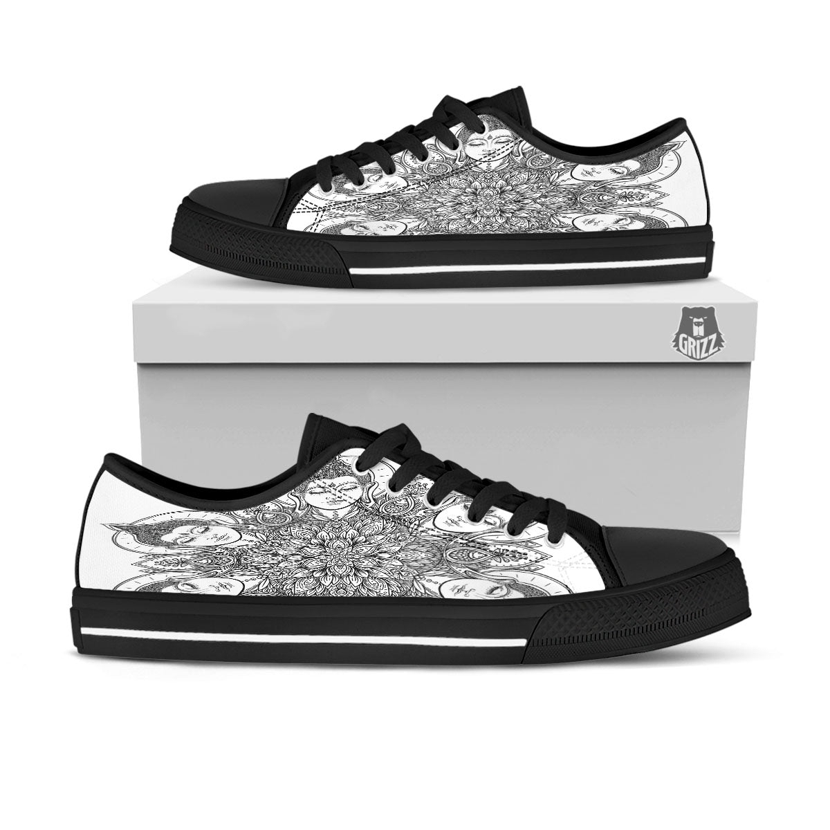 Buddha Face Ornate Mandala Print Black Low Top Shoes-grizzshop