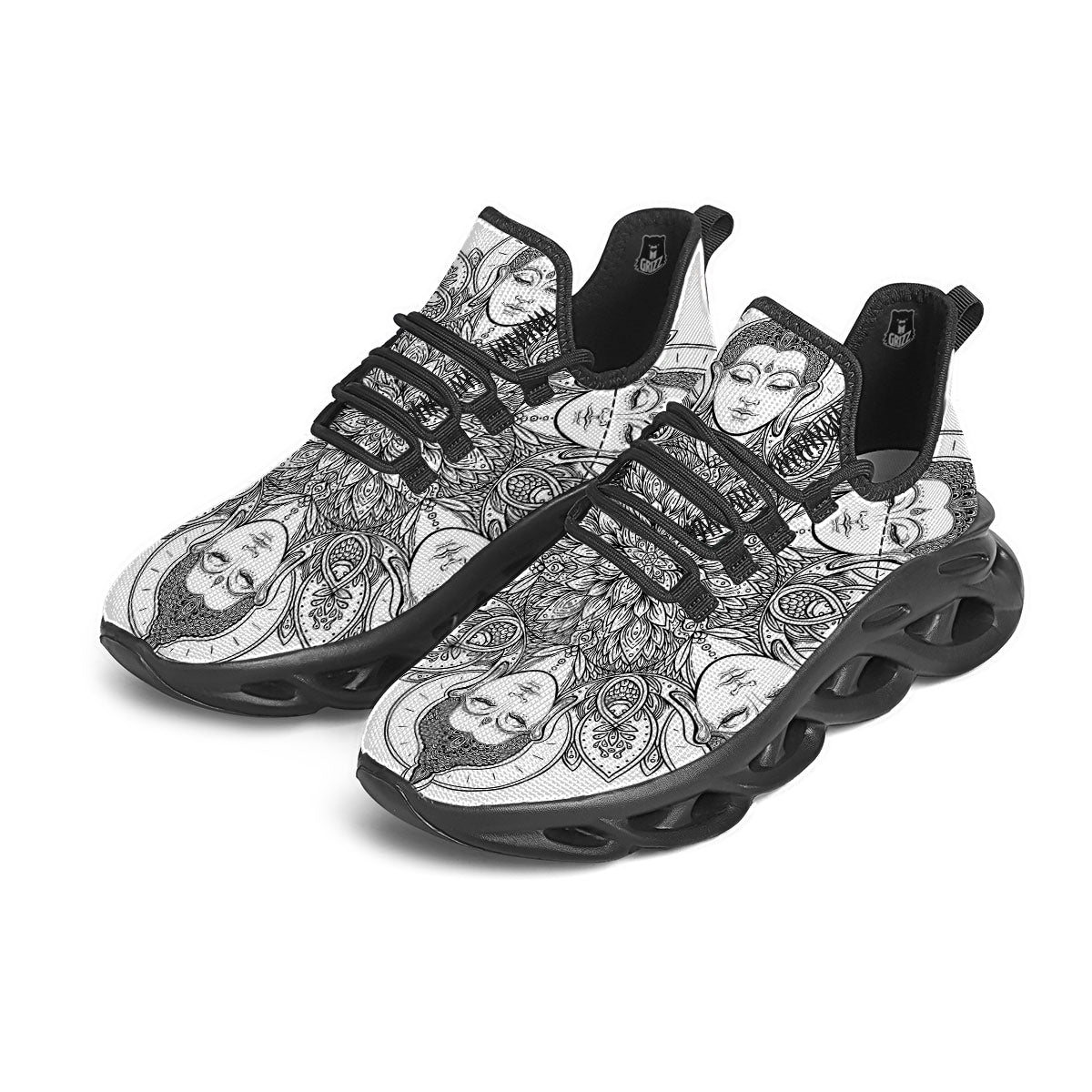 Buddha Face Ornate Mandala Print Black Running Shoes-grizzshop